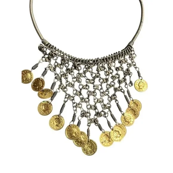 Vintage Gold Tone Coin Bib Necklace Boho Adjustable Special Occasion - Picture 2 of 4